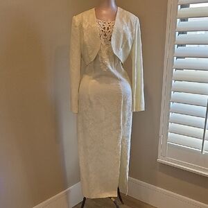 Scott McClintock Cream Floral Brocade Wedding Dress with Jacket Vintage 90s